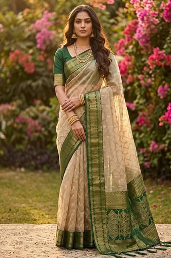 Beige cotton-silk blend saree with contrast dark green zari border