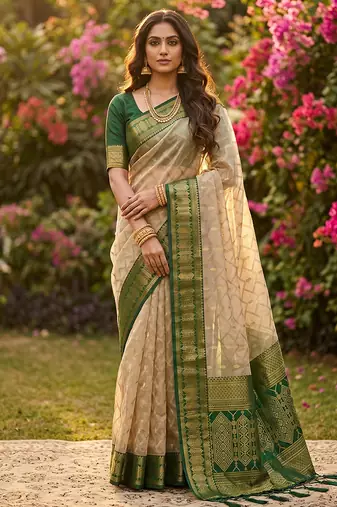 Beige cotton-silk blend saree with contrast dark green zari border