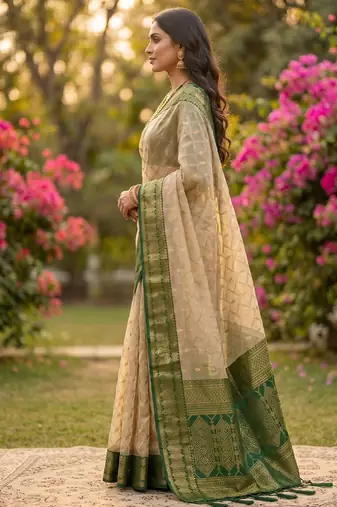 Beige cotton-silk blend saree with contrast dark green zari border