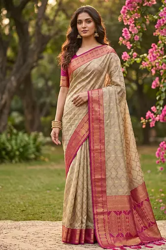 Beige cotton-silk blend saree with contrast rani pink zari border
