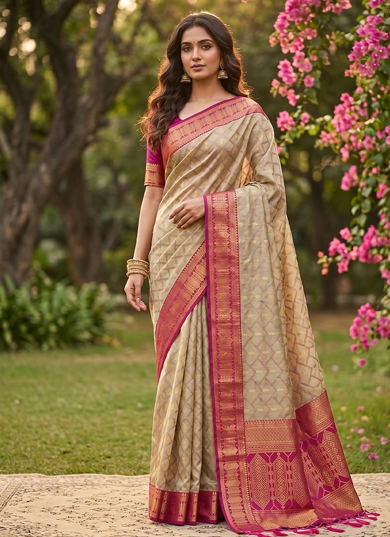 Beige cotton-silk blend saree with contrast rani pink zari border