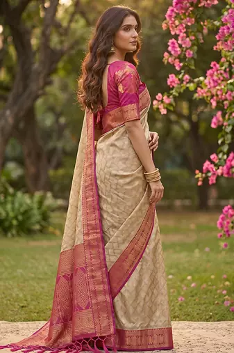 Beige cotton-silk blend saree with contrast rani pink zari border