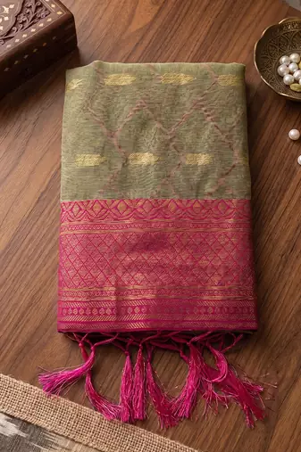Beige cotton-silk blend saree with contrast rani pink zari border