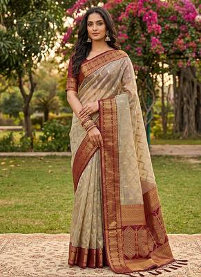 Beige cotton-silk blend saree with contrast maroon zari border 1