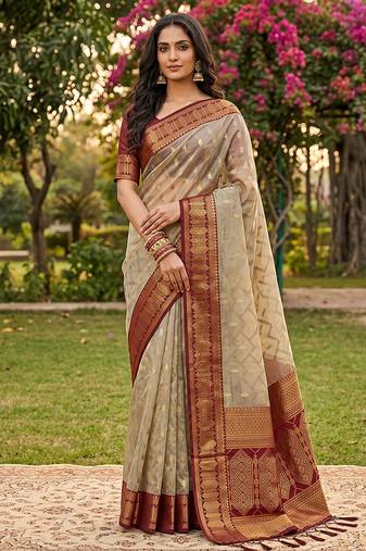 Beige cotton-silk blend saree with contrast maroon zari border