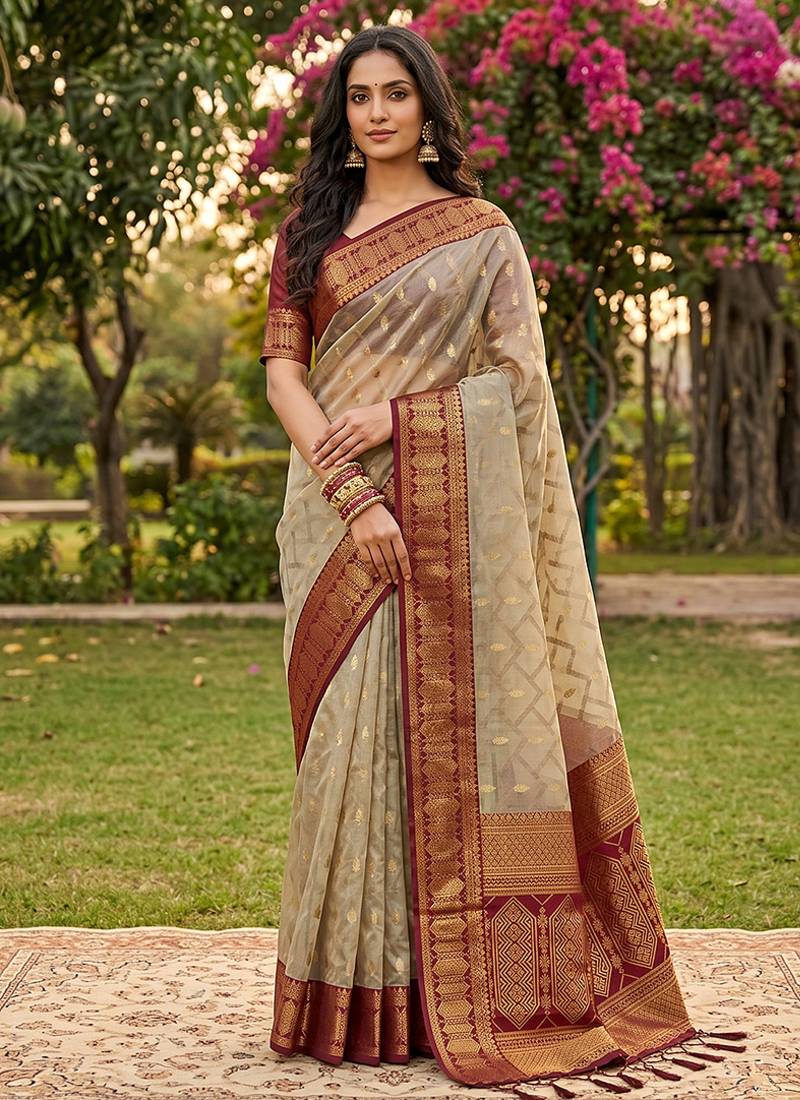 Beige cotton-silk blend saree with contrast maroon zari border