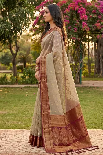 Beige cotton-silk blend saree with contrast maroon zari border