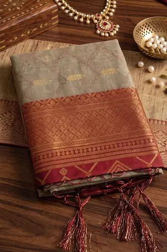 Beige cotton-silk blend saree with contrast maroon zari border