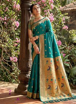 Teal banarasi silk blend saree with peacock paithani border 1
