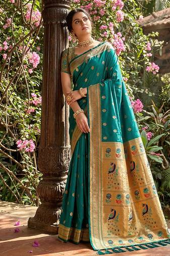 Teal banarasi silk blend saree with peacock paithani border