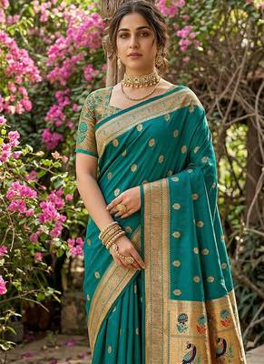 Teal banarasi silk blend saree with peacock paithani border 3