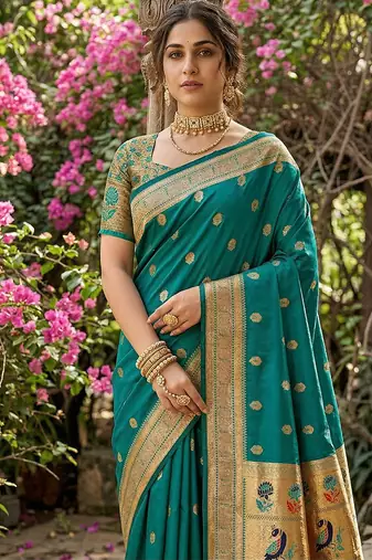 Teal banarasi silk blend saree with peacock paithani border