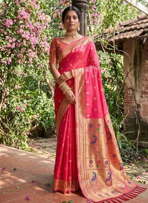 Rani pink banarasi silk blend saree with peacock paithani border 1