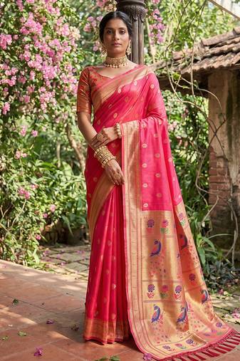 Rani pink banarasi silk blend saree with peacock paithani border