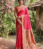 Rani pink banarasi silk blend saree with peacock paithani border