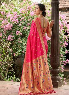 Rani pink banarasi silk blend saree with peacock paithani border 2