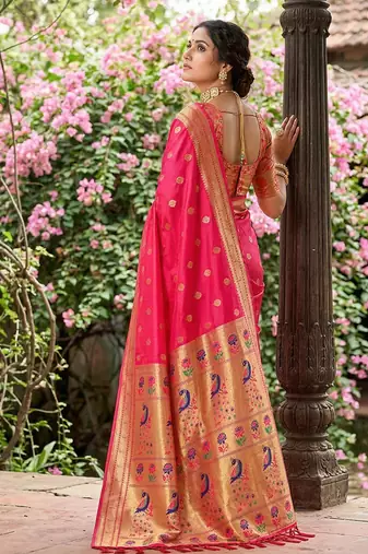 Rani pink banarasi silk blend saree with peacock paithani border