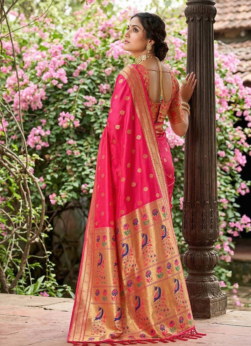 Rani pink banarasi silk blend saree with peacock paithani border