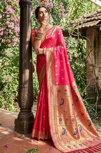 Rani pink banarasi silk blend saree with peacock paithani border