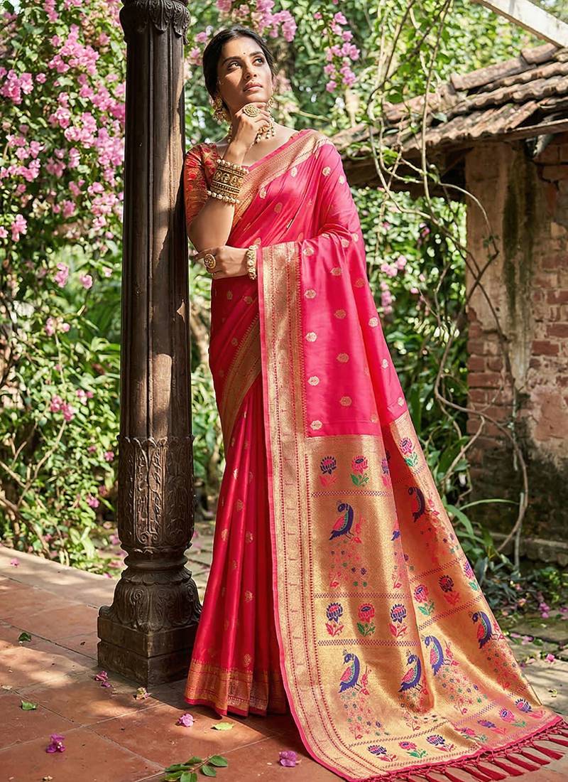 Rani pink banarasi silk blend saree with peacock paithani border