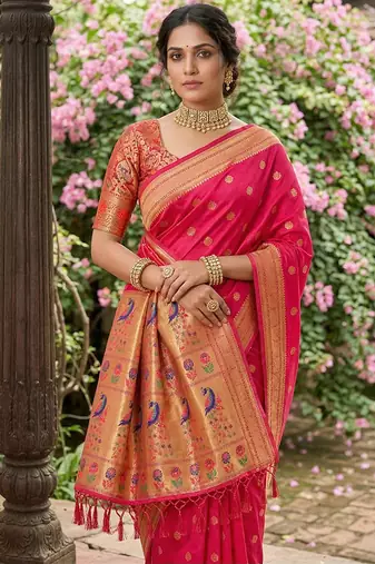 Rani pink banarasi silk blend saree with peacock paithani border