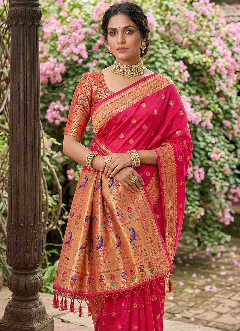 Rani pink banarasi silk blend saree with peacock paithani border