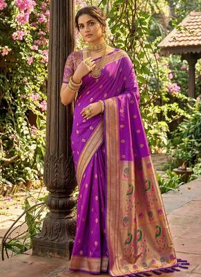 Purple banarasi silk blend saree with peacock paithani border 1