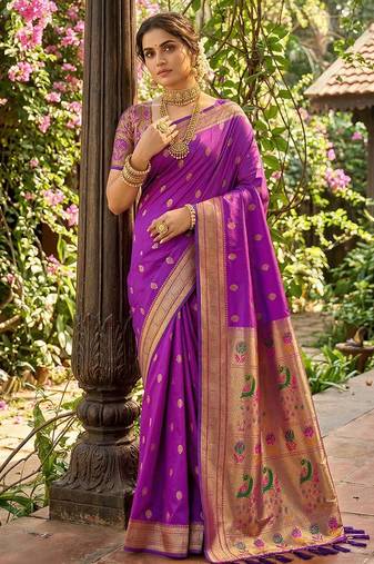 Purple banarasi silk blend saree with peacock paithani border