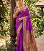 Purple banarasi silk blend saree with peacock paithani border