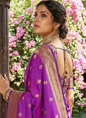 Purple banarasi silk blend saree with peacock paithani border 2