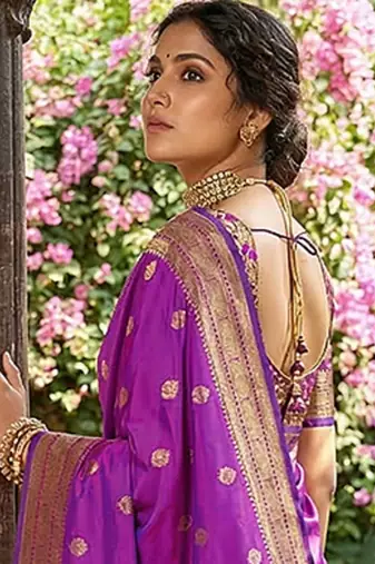 Purple banarasi silk blend saree with peacock paithani border