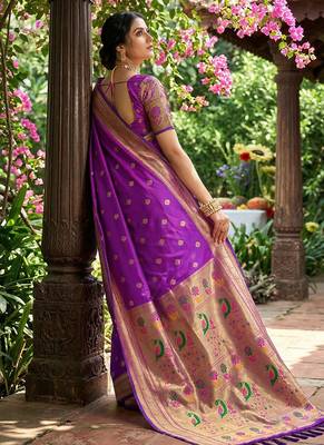 Purple banarasi silk blend saree with peacock paithani border 3