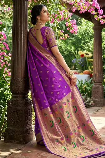 Purple banarasi silk blend saree with peacock paithani border