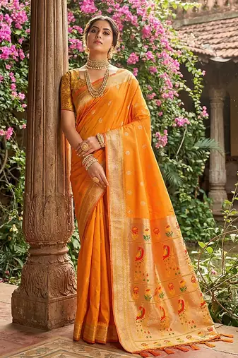 Orange banarasi silk blend saree with peacock paithani border