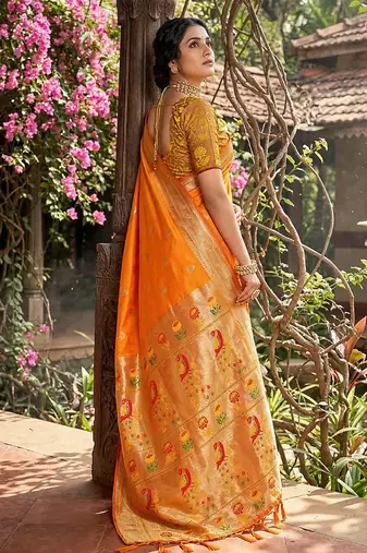 Orange banarasi silk blend saree with peacock paithani border