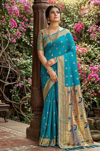 Aqua blue banarasi silk blend saree with peacock paithani border