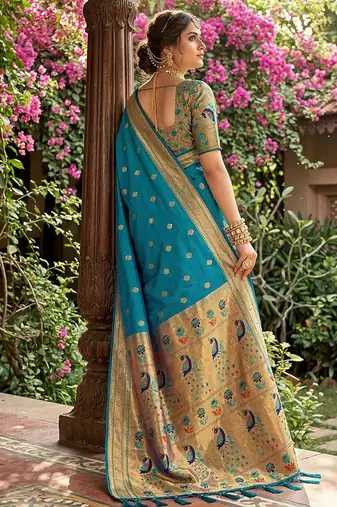 Aqua blue banarasi silk blend saree with peacock paithani border