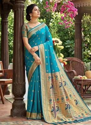 Aqua blue banarasi silk blend saree with peacock paithani border 3