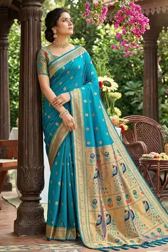 Aqua blue banarasi silk blend saree with peacock paithani border