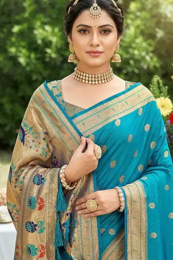 Aqua blue banarasi silk blend saree with peacock paithani border