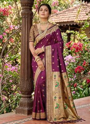 Wine banarasi silk blend saree with peacock paithani border 1