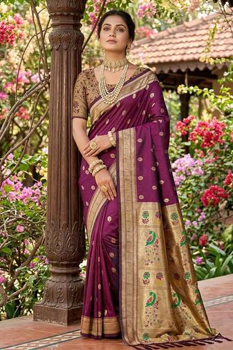 Wine banarasi silk blend saree with peacock paithani border