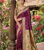 Wine banarasi silk blend saree with peacock paithani border