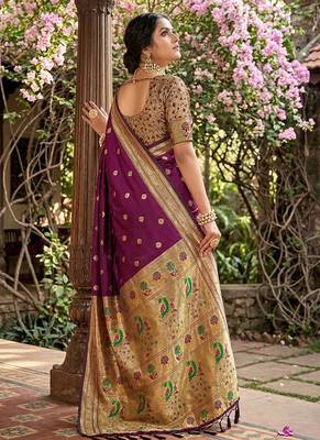 Wine banarasi silk blend saree with peacock paithani border 2