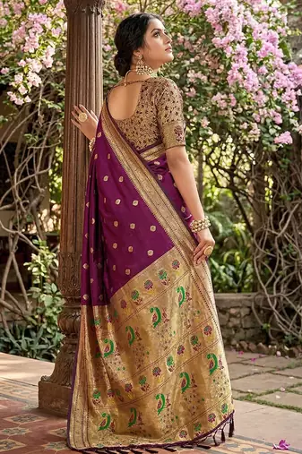 Wine banarasi silk blend saree with peacock paithani border