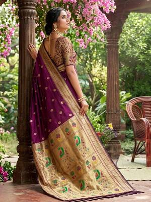 Wine banarasi silk blend saree with peacock paithani border 3