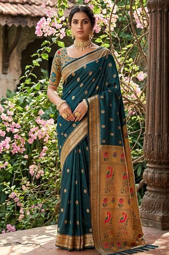 Dark teal banarasi silk blend saree with peacock paithani border