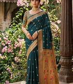 Dark teal banarasi silk blend saree with peacock paithani border