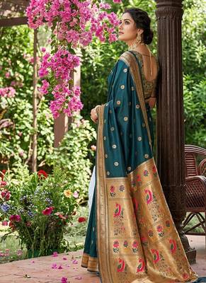 Dark teal banarasi silk blend saree with peacock paithani border 2