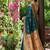 Dark teal banarasi silk blend saree with peacock paithani border